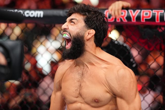 Arman Tsarukyan reacts inside the cage before his fight against Mauricio Ruffy a